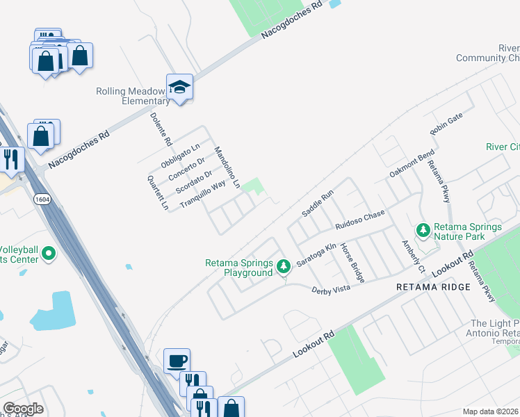 map of restaurants, bars, coffee shops, grocery stores, and more near 7546 Elegante Way in San Antonio