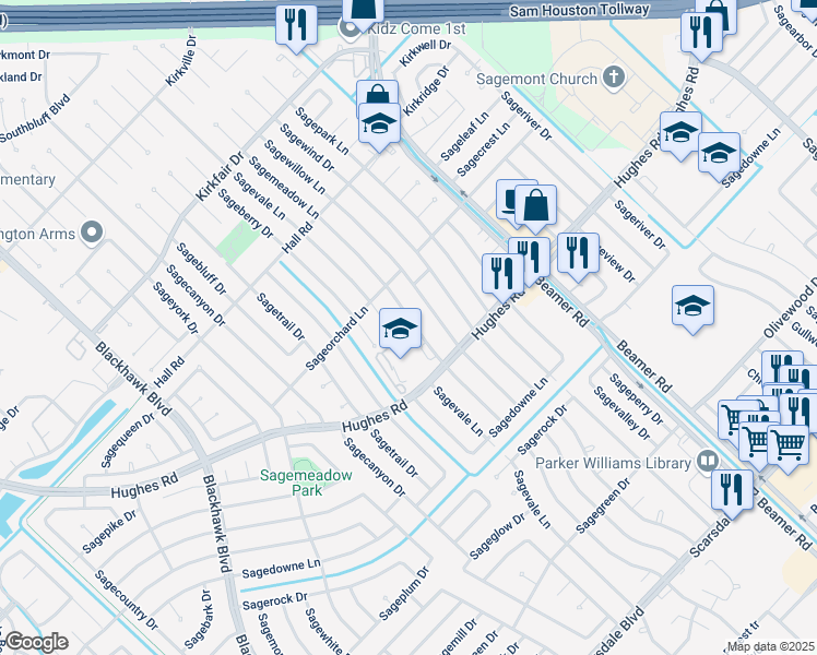 map of restaurants, bars, coffee shops, grocery stores, and more near 11026 Sagemeadow Lane in Houston