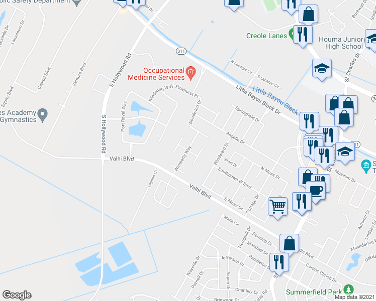 map of restaurants, bars, coffee shops, grocery stores, and more near Wimberly Way in Houma