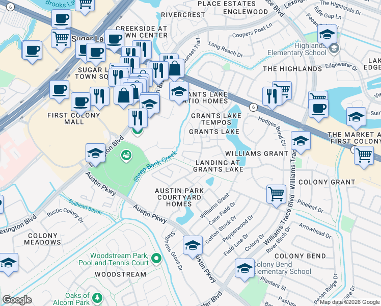 map of restaurants, bars, coffee shops, grocery stores, and more near 2808 Grants Lake Boulevard in Sugar Land