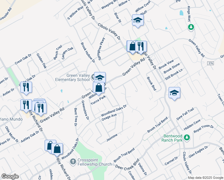 map of restaurants, bars, coffee shops, grocery stores, and more near 1672 Willow Top Drive in Schertz