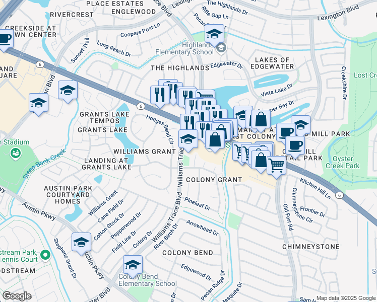 map of restaurants, bars, coffee shops, grocery stores, and more near 2505 Williams Trace Boulevard in Sugar Land