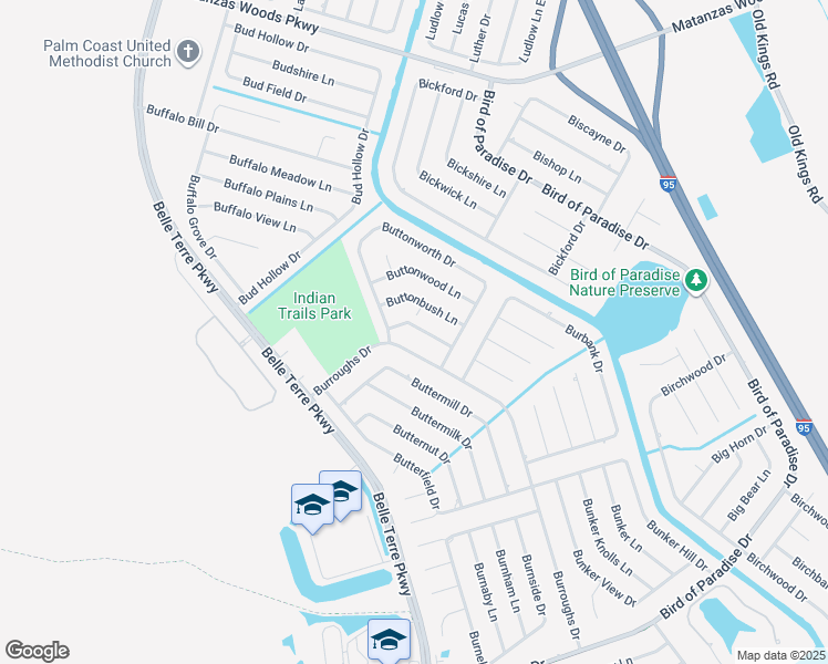 map of restaurants, bars, coffee shops, grocery stores, and more near 9 Buttonbush Lane in Palm Coast