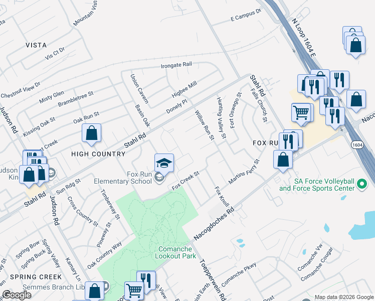 map of restaurants, bars, coffee shops, grocery stores, and more near 6300 Fox Head Street in San Antonio