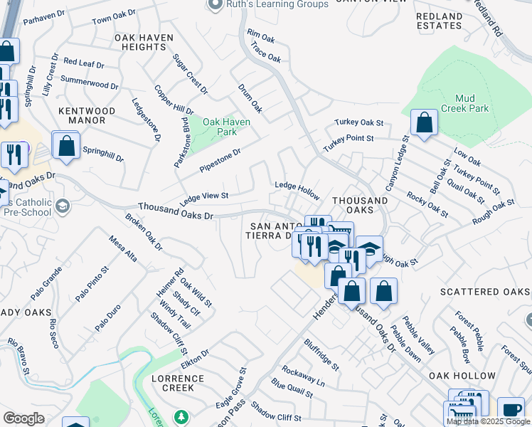 map of restaurants, bars, coffee shops, grocery stores, and more near 16212 Avenida Del Luna in San Antonio