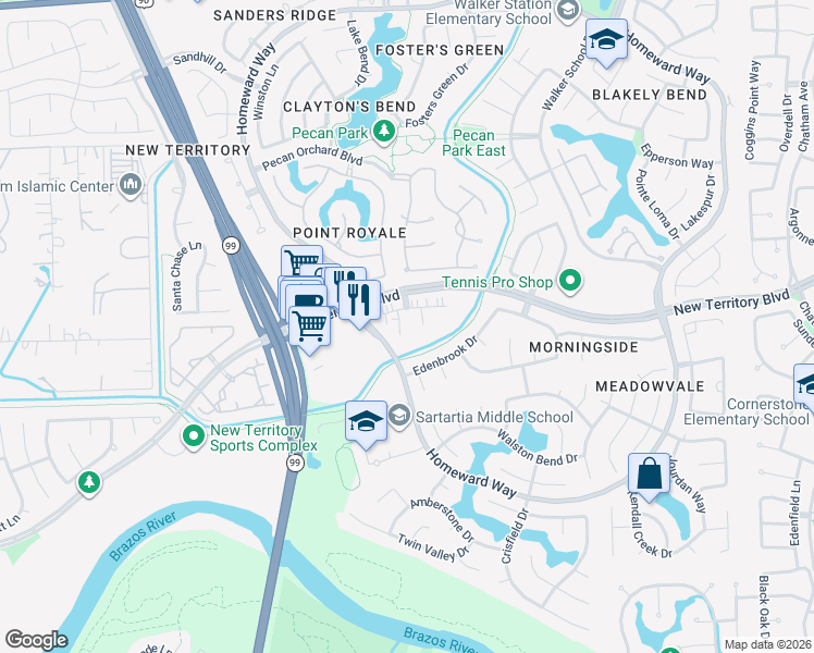 map of restaurants, bars, coffee shops, grocery stores, and more near 1311 Cedar Terrace Court in Sugar Land
