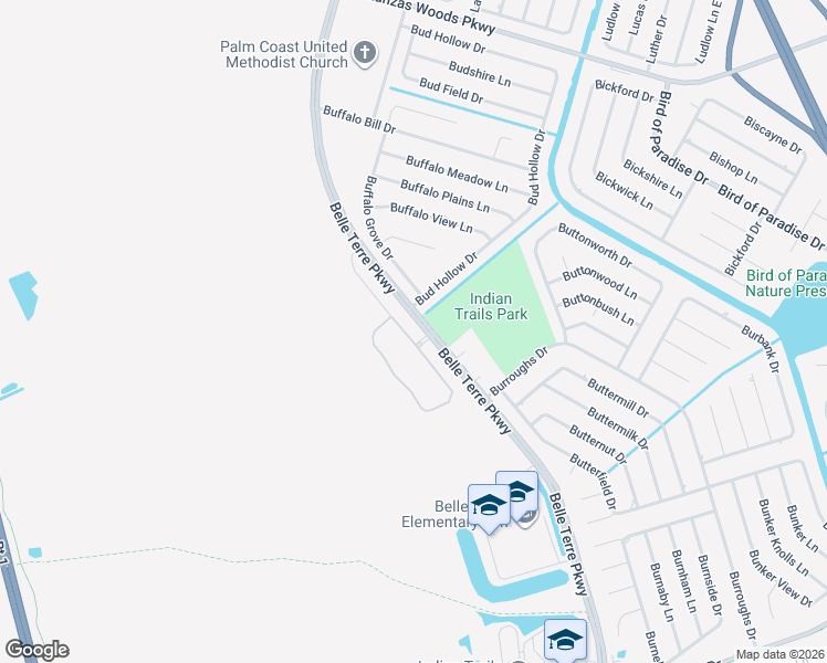 map of restaurants, bars, coffee shops, grocery stores, and more near 2 Bud Hollow Drive in Palm Coast