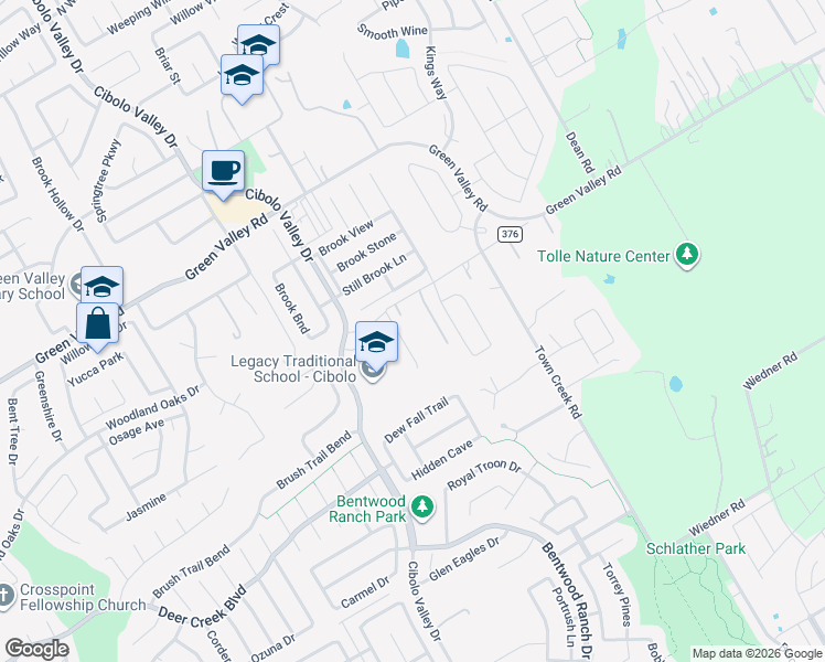 map of restaurants, bars, coffee shops, grocery stores, and more near 121 Wistoria Court in Cibolo