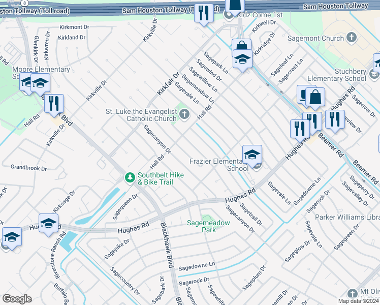 map of restaurants, bars, coffee shops, grocery stores, and more near 10827 Sagebluff Drive in Houston