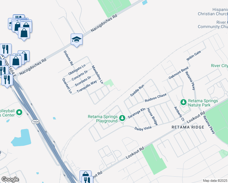 map of restaurants, bars, coffee shops, grocery stores, and more near 7546 Elegante Way in San Antonio