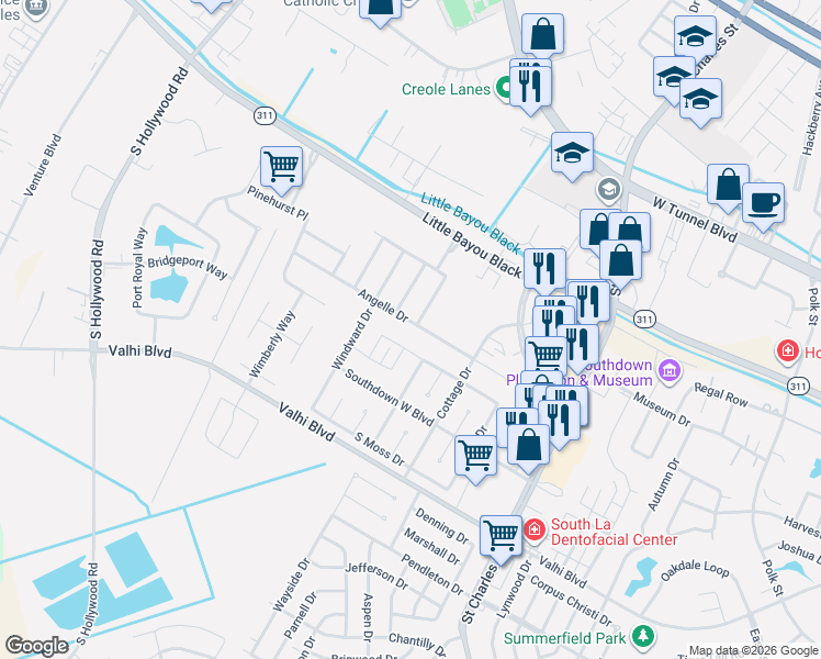 map of restaurants, bars, coffee shops, grocery stores, and more near 300 Angelle Drive in Houma