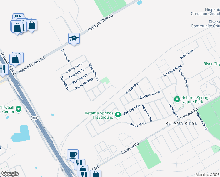 map of restaurants, bars, coffee shops, grocery stores, and more near 7546 Elegante Way in San Antonio
