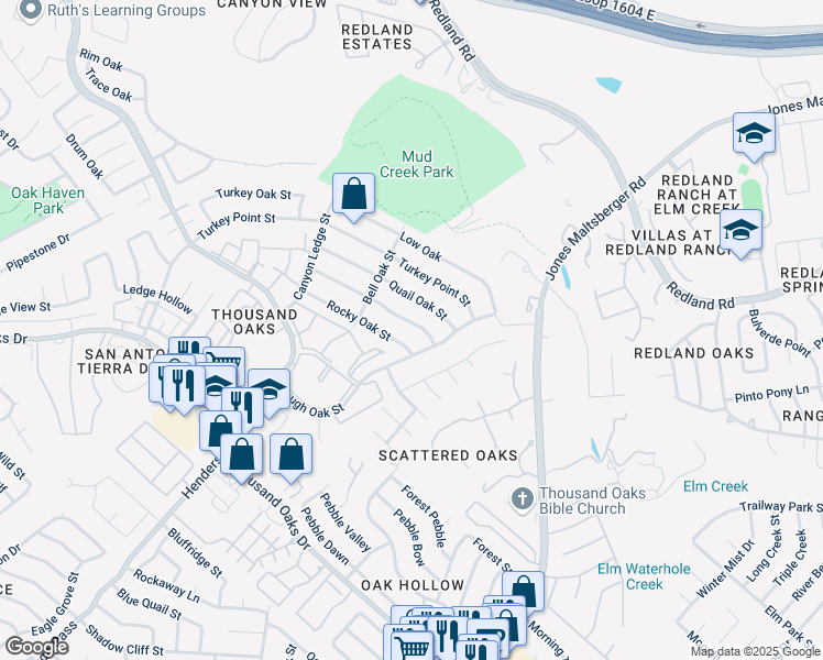 map of restaurants, bars, coffee shops, grocery stores, and more near 2931 Burnt Oak Street in San Antonio