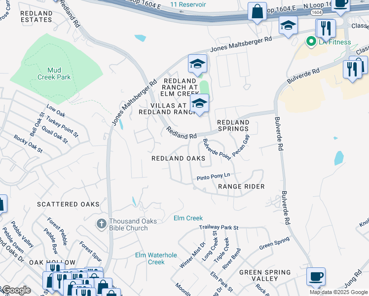 map of restaurants, bars, coffee shops, grocery stores, and more near 3323 Outrider in San Antonio