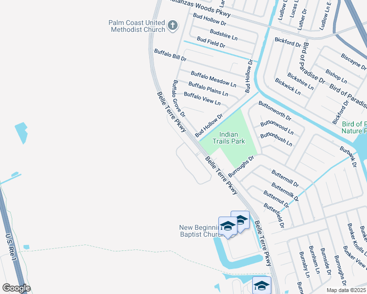 map of restaurants, bars, coffee shops, grocery stores, and more near 5750 Belle Terre Parkway in Palm Coast