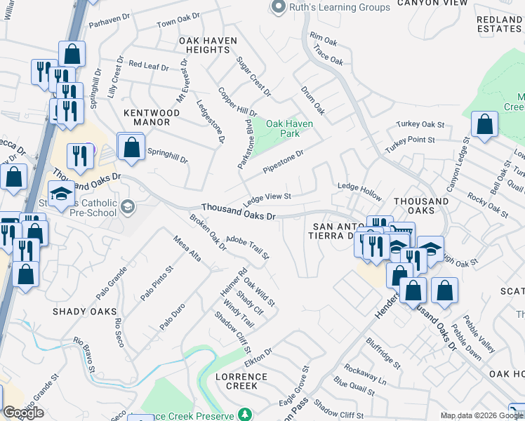 map of restaurants, bars, coffee shops, grocery stores, and more near 2114 Cardigan Hill in San Antonio