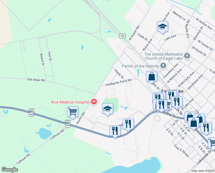 map of restaurants, bars, coffee shops, grocery stores, and more near 518 Hubbards Ferry Road in Eagle Lake