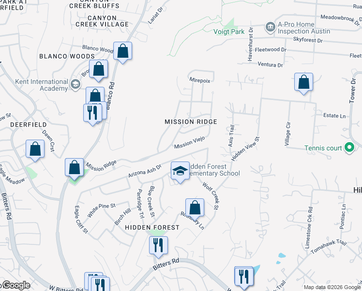 map of restaurants, bars, coffee shops, grocery stores, and more near 539 Mission Viejo in San Antonio