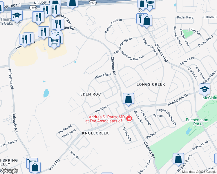 map of restaurants, bars, coffee shops, grocery stores, and more near 16807 Winding Oak Drive in San Antonio