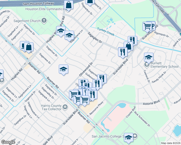 map of restaurants, bars, coffee shops, grocery stores, and more near 11527 Sagecreek Drive in Houston