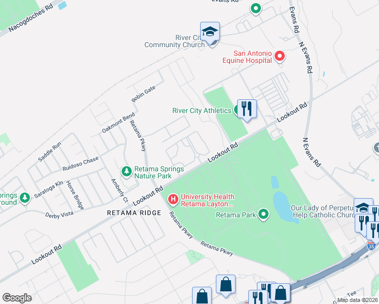 map of restaurants, bars, coffee shops, grocery stores, and more near 16506 Lookout Hollow Circle in Selma