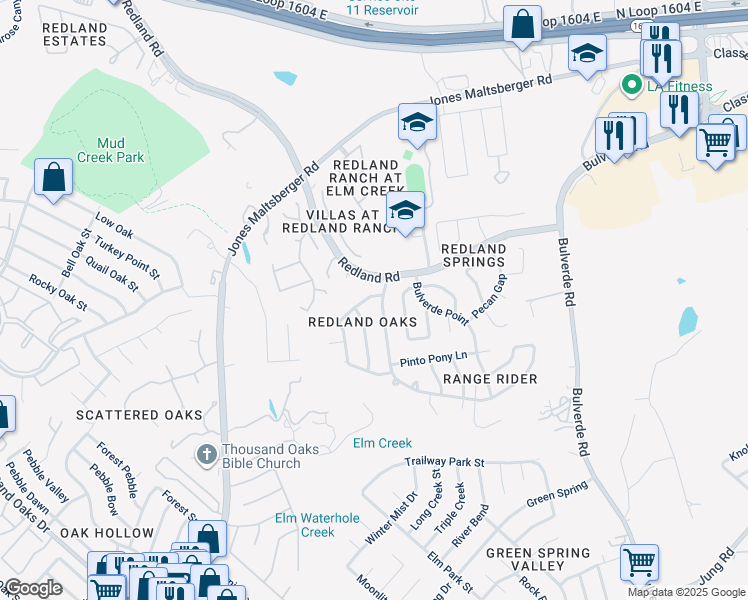 map of restaurants, bars, coffee shops, grocery stores, and more near 3323 Outrider in San Antonio