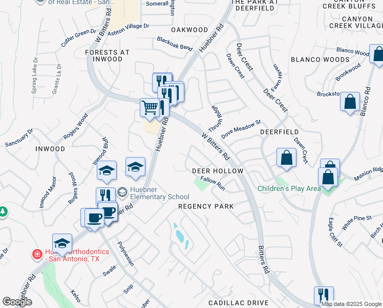 map of restaurants, bars, coffee shops, grocery stores, and more near 2042 Thicket Trail Drive in San Antonio