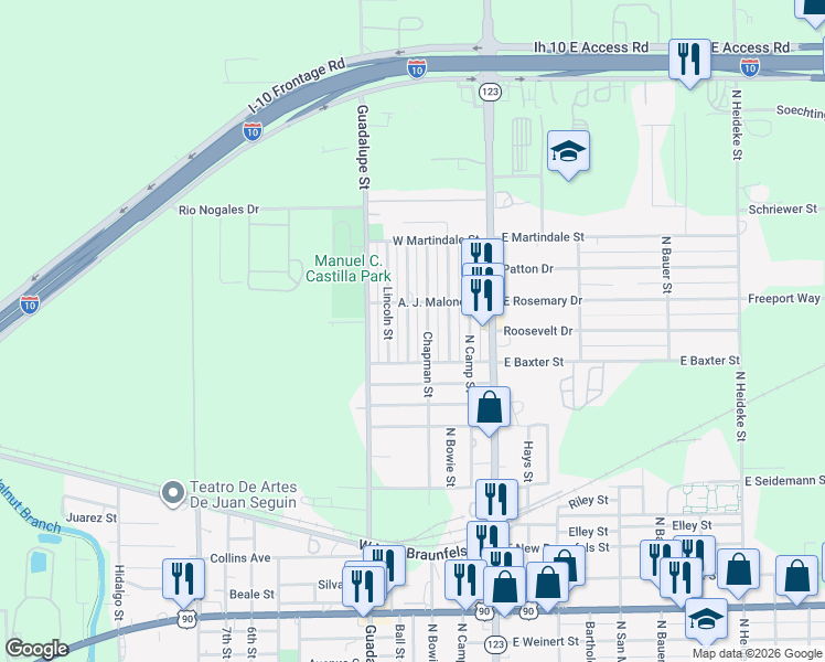 map of restaurants, bars, coffee shops, grocery stores, and more near 2107 Sherman Street in Seguin