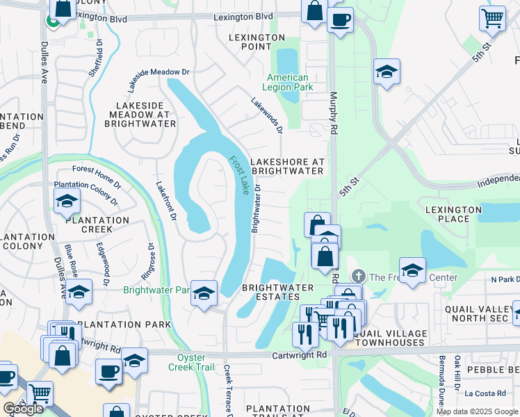 map of restaurants, bars, coffee shops, grocery stores, and more near 4115 Harbor Point Drive in Missouri City