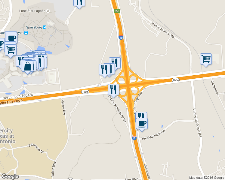 map of restaurants, bars, coffee shops, grocery stores, and more near Texas 1604 Access Road in San Antonio