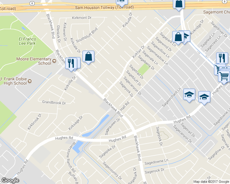 map of restaurants, bars, coffee shops, grocery stores, and more near 10615 Kirkwren Drive in Houston