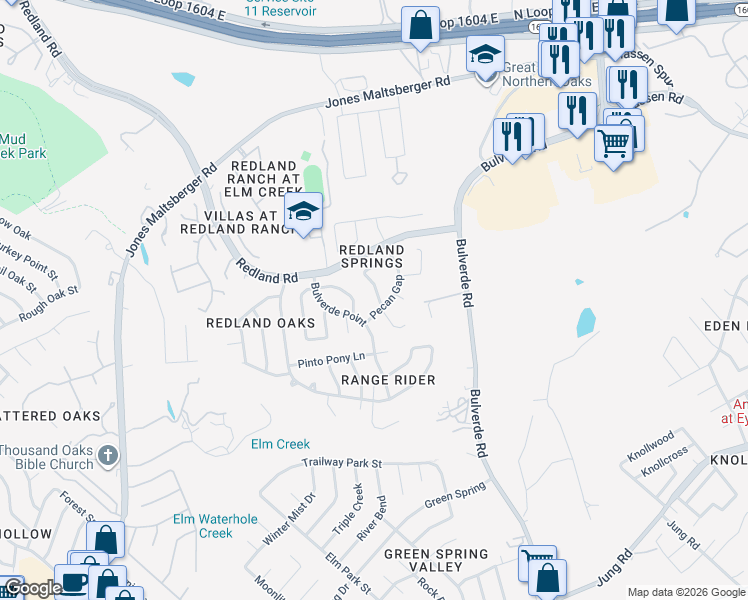 map of restaurants, bars, coffee shops, grocery stores, and more near 16639 Calico Creek Drive in San Antonio