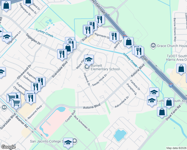 map of restaurants, bars, coffee shops, grocery stores, and more near 12522 Corning Drive in Houston