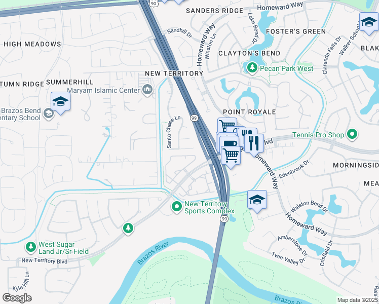 map of restaurants, bars, coffee shops, grocery stores, and more near 5550 Morgan Park Lane in Sugar Land