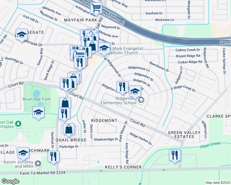 map of restaurants, bars, coffee shops, grocery stores, and more near 5127 Ridgeton Drive in Houston