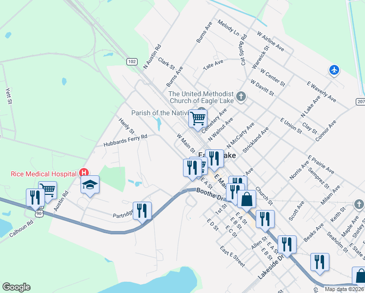 map of restaurants, bars, coffee shops, grocery stores, and more near 307 East Main Street in Eagle Lake