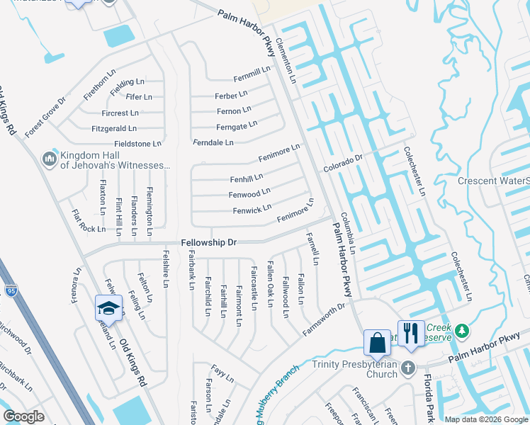map of restaurants, bars, coffee shops, grocery stores, and more near 21 Fenwick Lane in Palm Coast