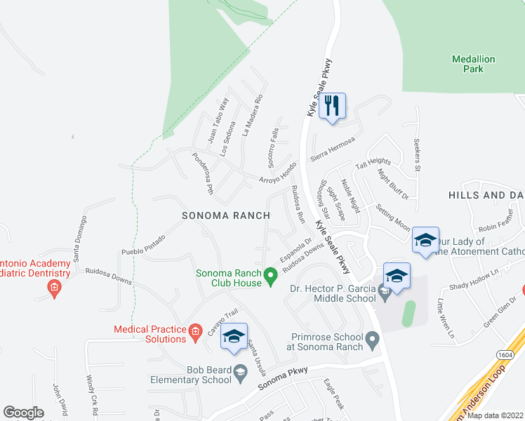 map of restaurants, bars, coffee shops, grocery stores, and more near 15607 Luna Ridge in Helotes