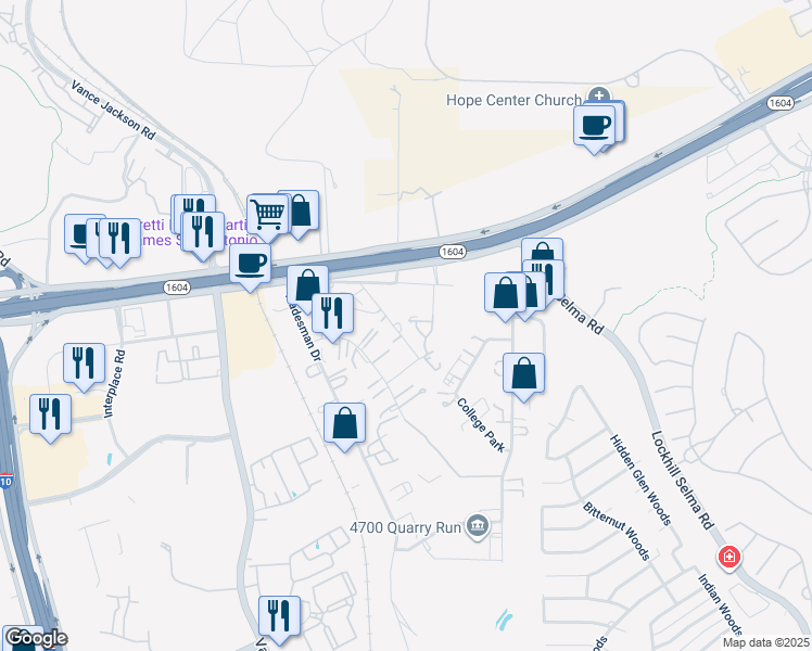 map of restaurants, bars, coffee shops, grocery stores, and more near 15620 Lou Mell in San Antonio