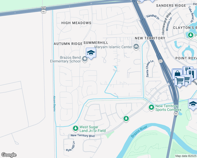 map of restaurants, bars, coffee shops, grocery stores, and more near 4555 Pecan Grove in Sugar Land