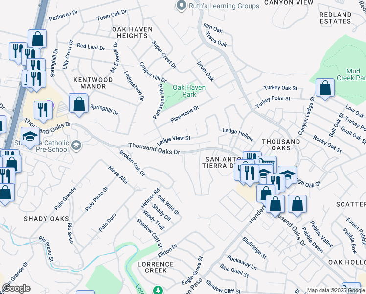 map of restaurants, bars, coffee shops, grocery stores, and more near 2206 Cardigan Hill in San Antonio