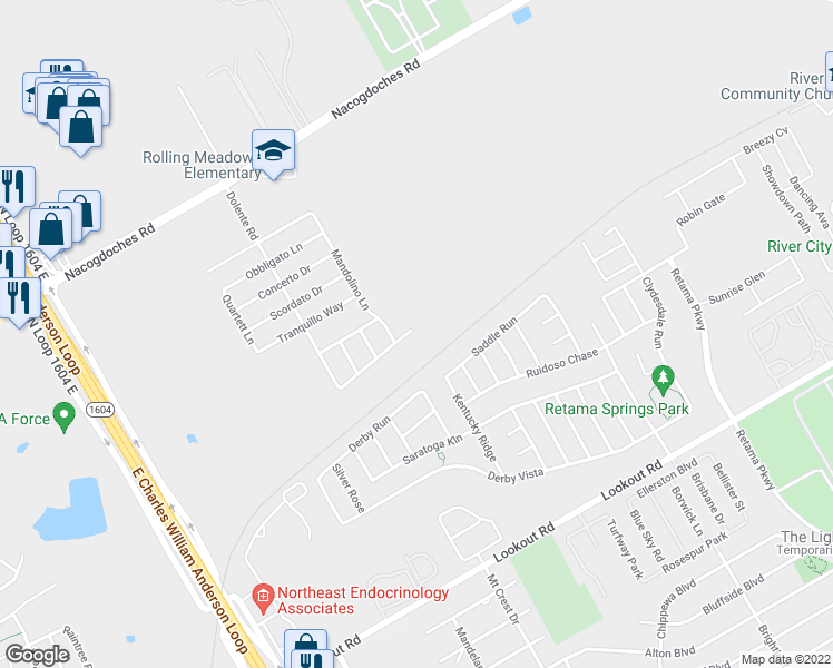 map of restaurants, bars, coffee shops, grocery stores, and more near 7546 Elegante Way in San Antonio