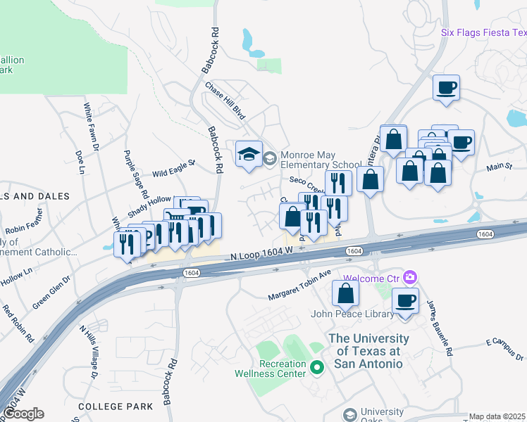 map of restaurants, bars, coffee shops, grocery stores, and more near 15651 Chase Hill Boulevard in San Antonio