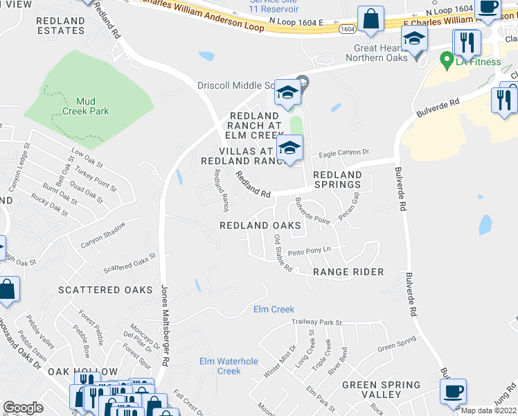 map of restaurants, bars, coffee shops, grocery stores, and more near 3323 Outrider in San Antonio