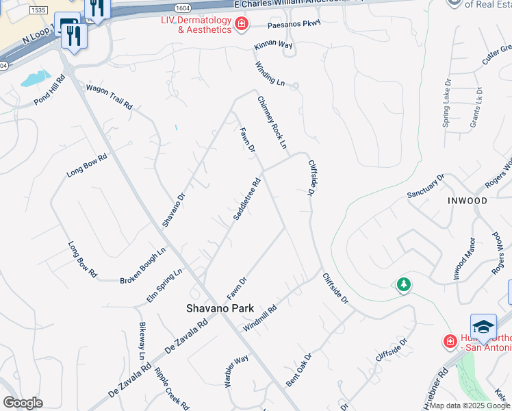 map of restaurants, bars, coffee shops, grocery stores, and more near 110 Saddletree Road in Shavano Park