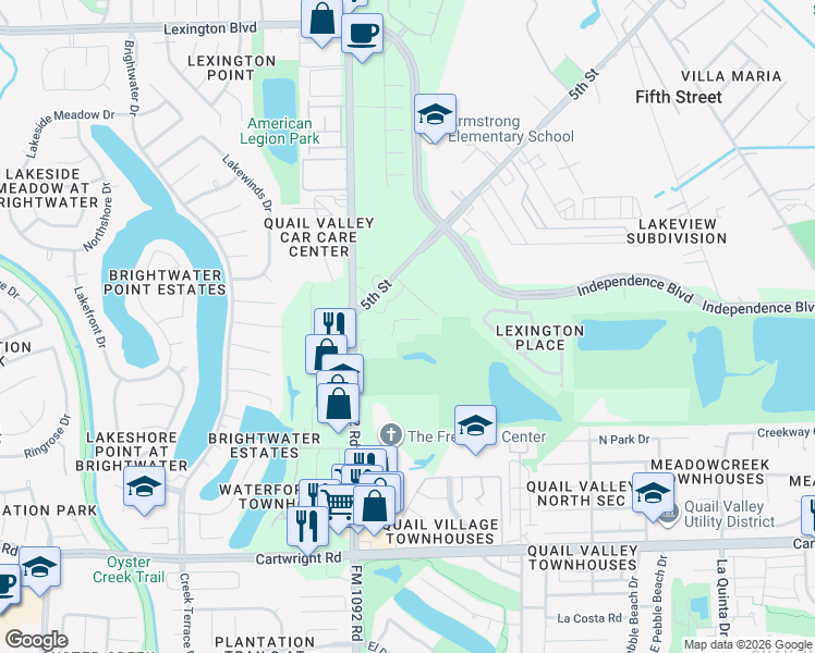 map of restaurants, bars, coffee shops, grocery stores, and more near 2021 FM 1092 Road in Missouri City