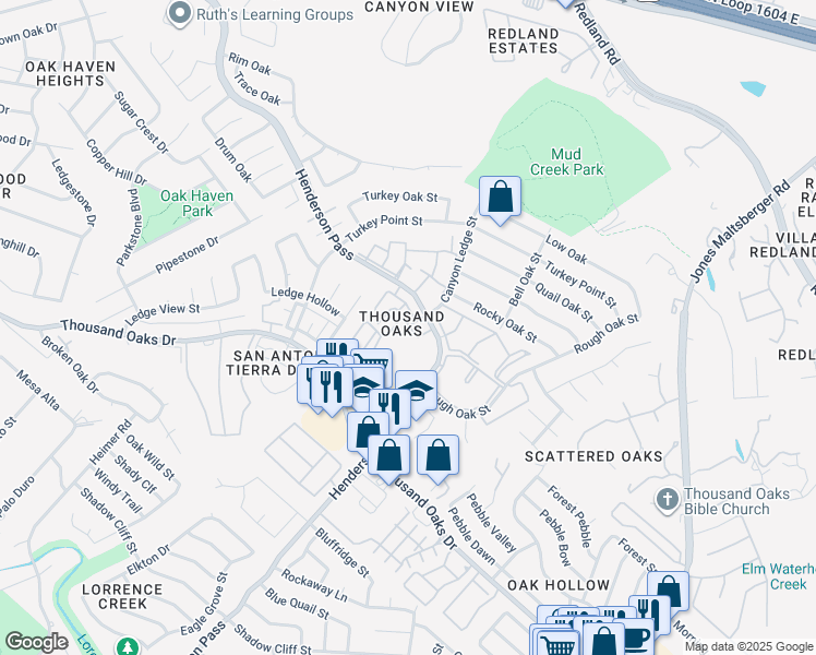 map of restaurants, bars, coffee shops, grocery stores, and more near 16465 Henderson Pass in San Antonio