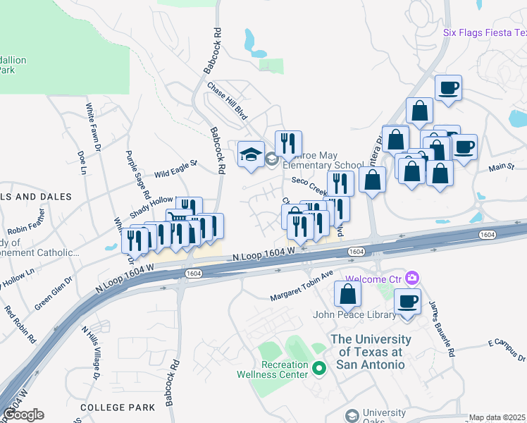 map of restaurants, bars, coffee shops, grocery stores, and more near 15651 Chase Hill Boulevard in San Antonio