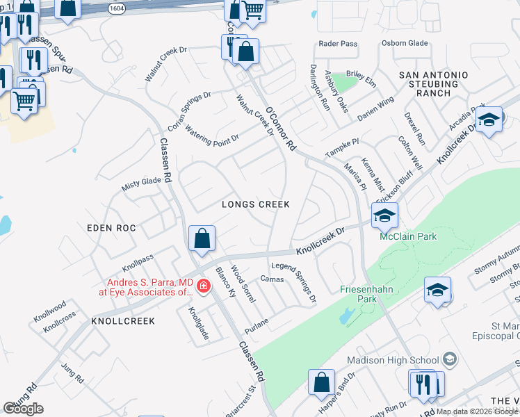 map of restaurants, bars, coffee shops, grocery stores, and more near 15719 Persimmon Hill Drive in San Antonio