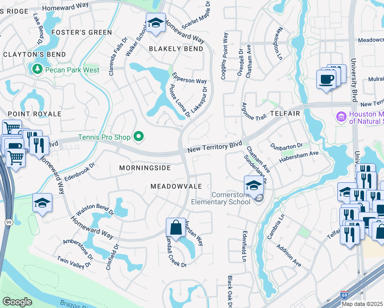 map of restaurants, bars, coffee shops, grocery stores, and more near 70 Bridgeton Court in Sugar Land